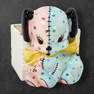 Vintage Napco K2222 Patchwork Puppy Planter Pink Blue Ceramic Japan MCM Kitschy
